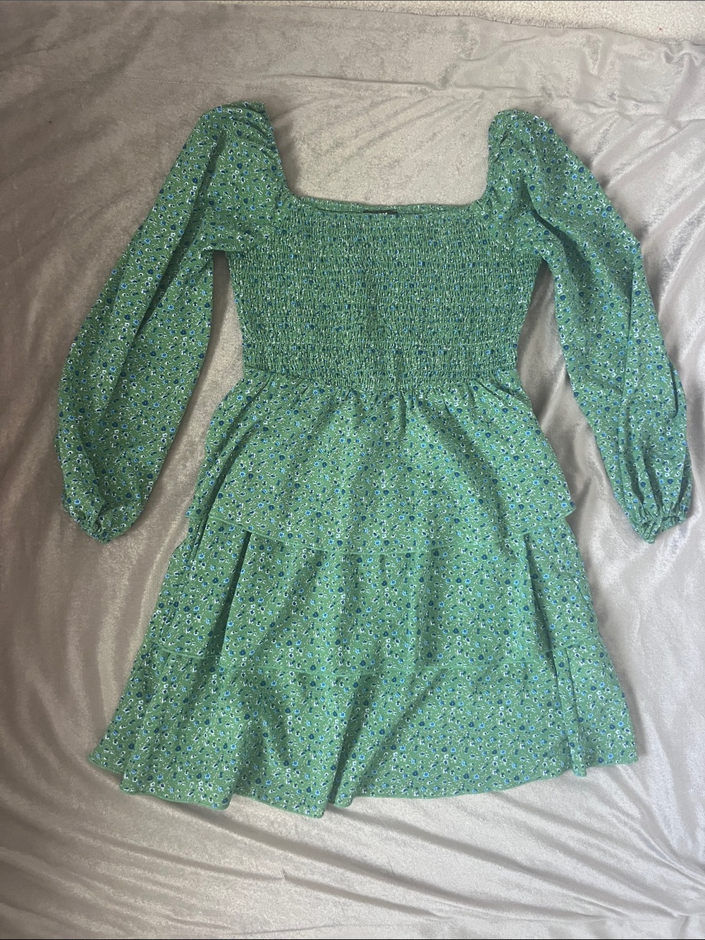 Smocked Square-Neck Long Sleeve Mini Dress in Green